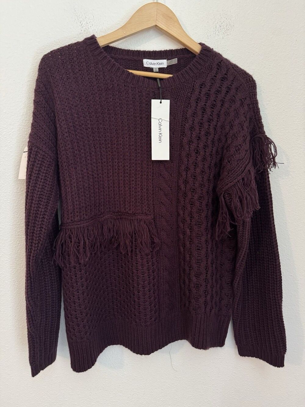 Calvin Klein Women's Sweater Fall Boho Plum Purple Fringe New Chunky Knit Size M